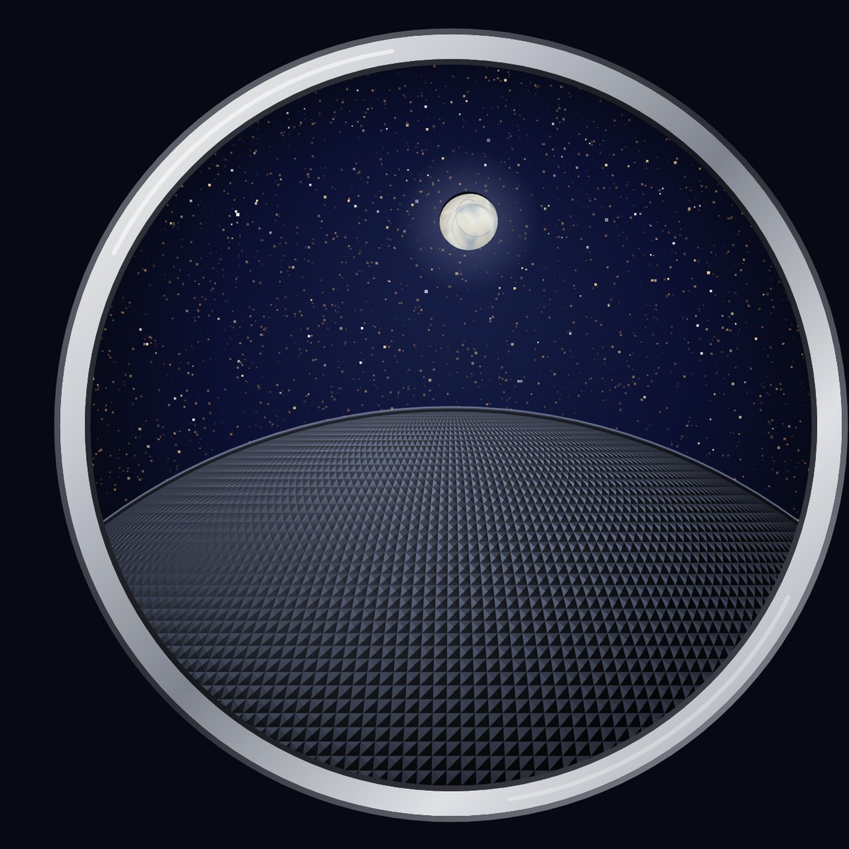 Night, with the dome closed. The moon over the studded silver dome, the stars out all day.
