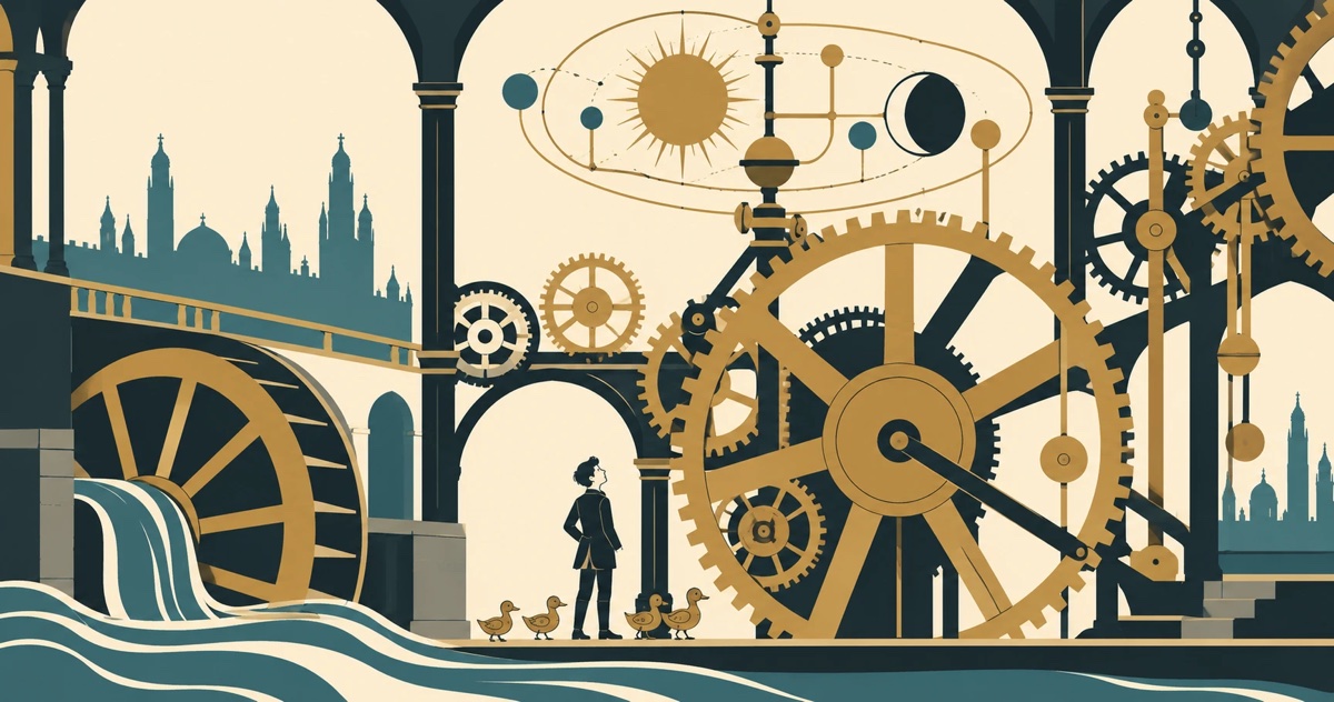 A flat poster-style illustration in cream, teal, black, and gold: a river pours over a weir and turns a great waterwheel on the left, and to the right a wall of interlocking gold gears of every size climbs up between dark Gothic arches. A small figure in a dark frock coat and trousers stands among the gears looking up, with a line of four little gold ducklings at their feet. Above, an orrery holds a spiked gold sun, a dark crescent moon, and small planets on curving arms, and spired college towers stand in silhouette on both sides.