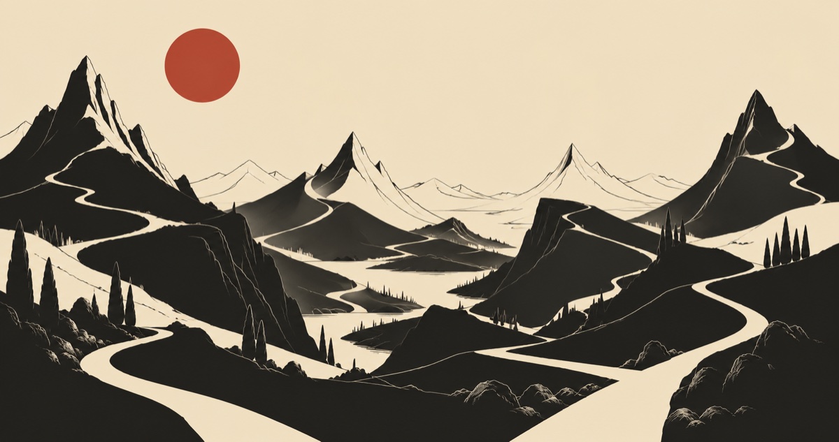 A flat illustration in cream and black with one red sun: ranges of dark mountain silhouettes with several distinct peaks, pale roads winding between them down through the valleys, cypress trees in the foreground, and a large red disc of sun in the upper left.
