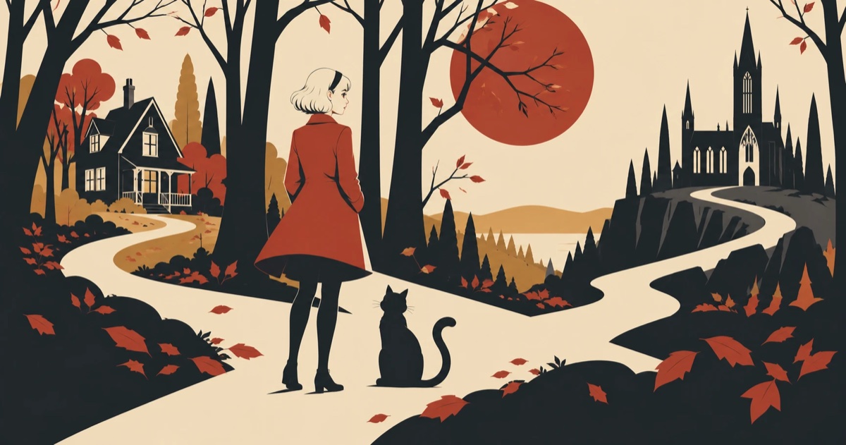 A flat poster-style illustration in cream, black, red, and gold: a girl with a white bob and a black headband, in a red coat and black tights, stands with her back to us on a winding path through bare autumn trees, a black cat sitting beside her. The path forks. To the left it leads to a dark gabled house with a lit porch among red trees; to the right it climbs a rocky ridge to a Gothic cathedral with tall spires. A large red moon hangs between them, and red leaves fall all around.