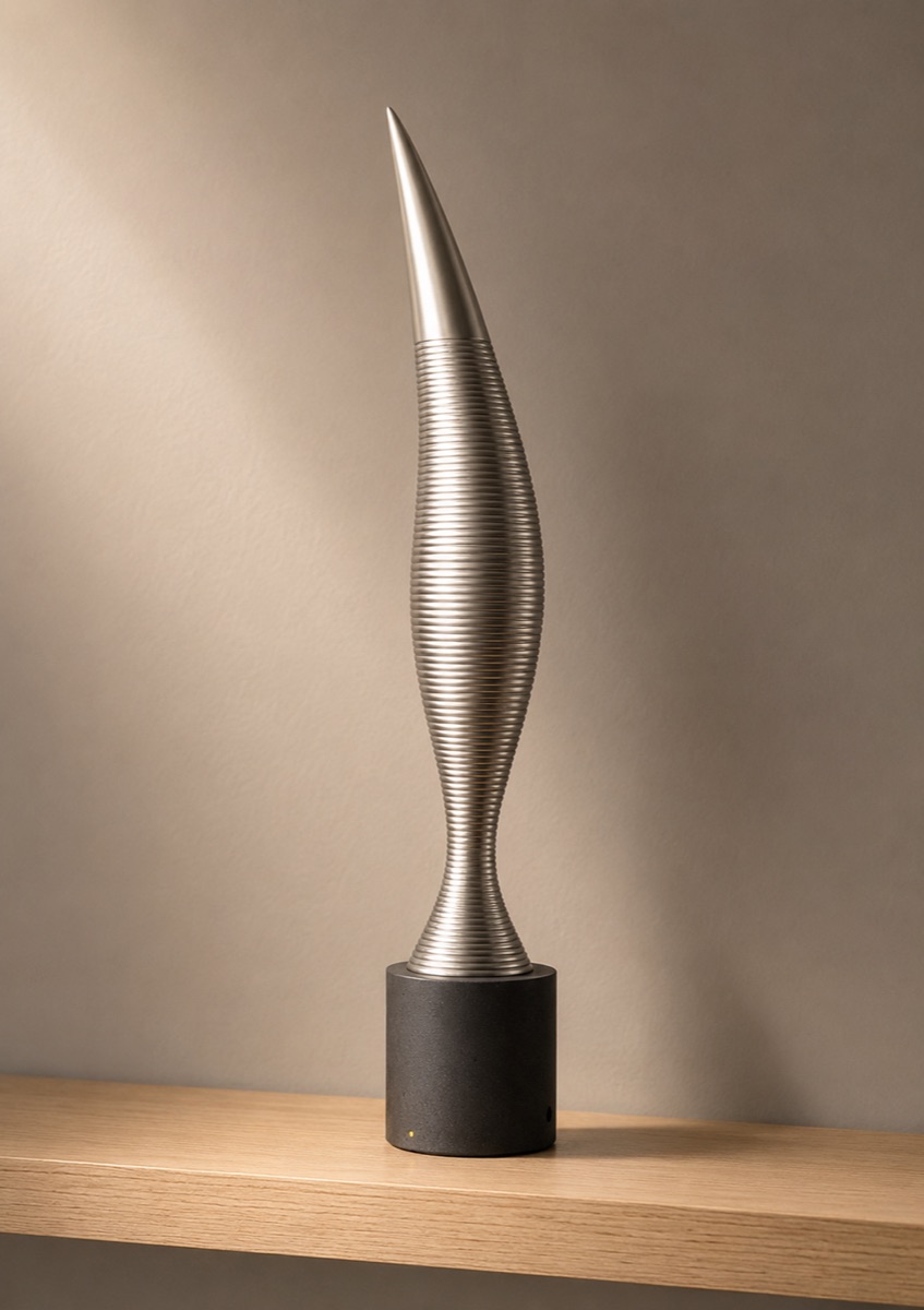 A rendered silver ribbed sculpture that flares at the foot, narrows to a waist, swells, and tapers to a smooth leaning point, on a dark base.