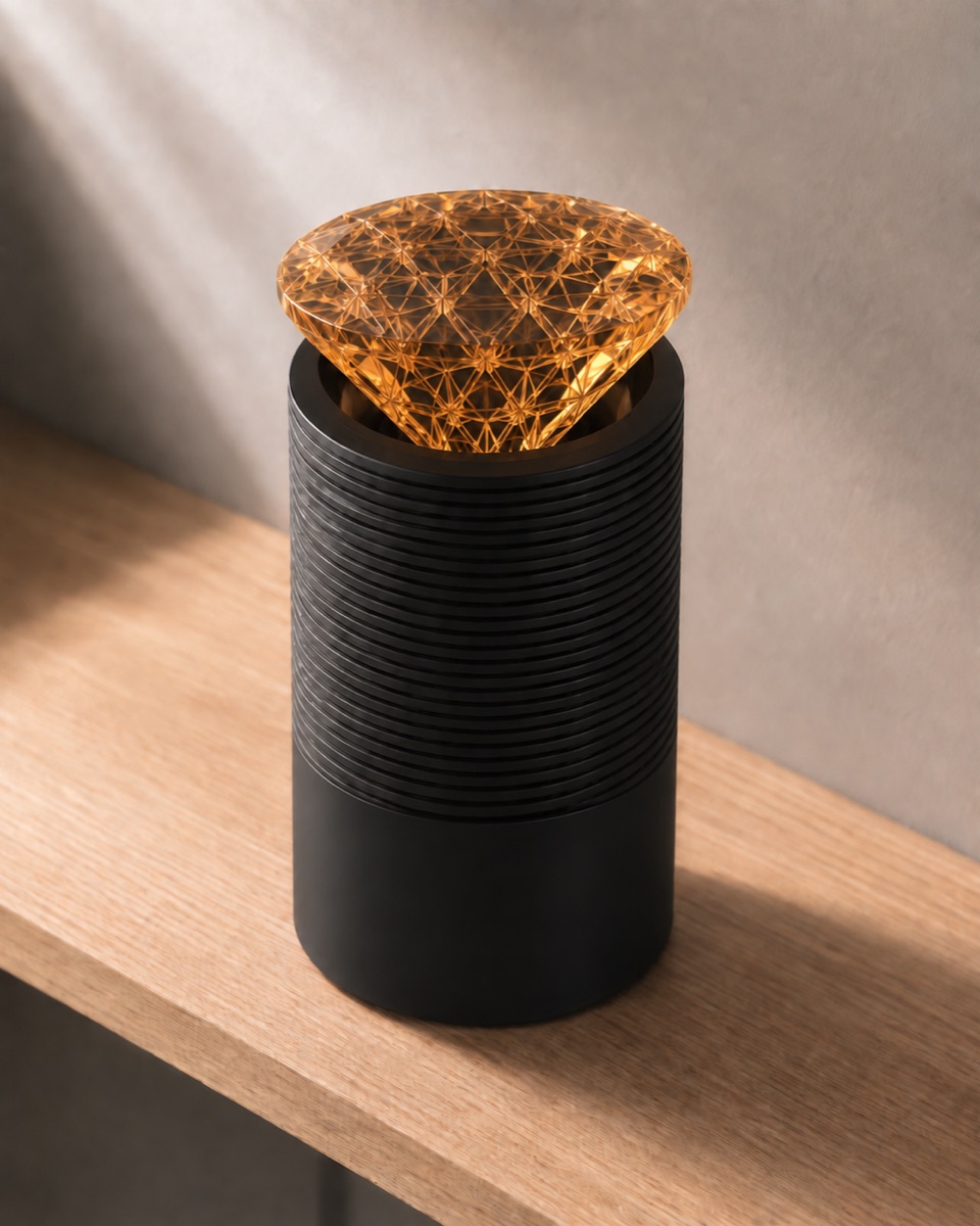 A rendered black cylinder, ribbed on its upper two thirds and smooth below, with a wide amber crystal lattice cone set into its open top, on a wooden shelf.