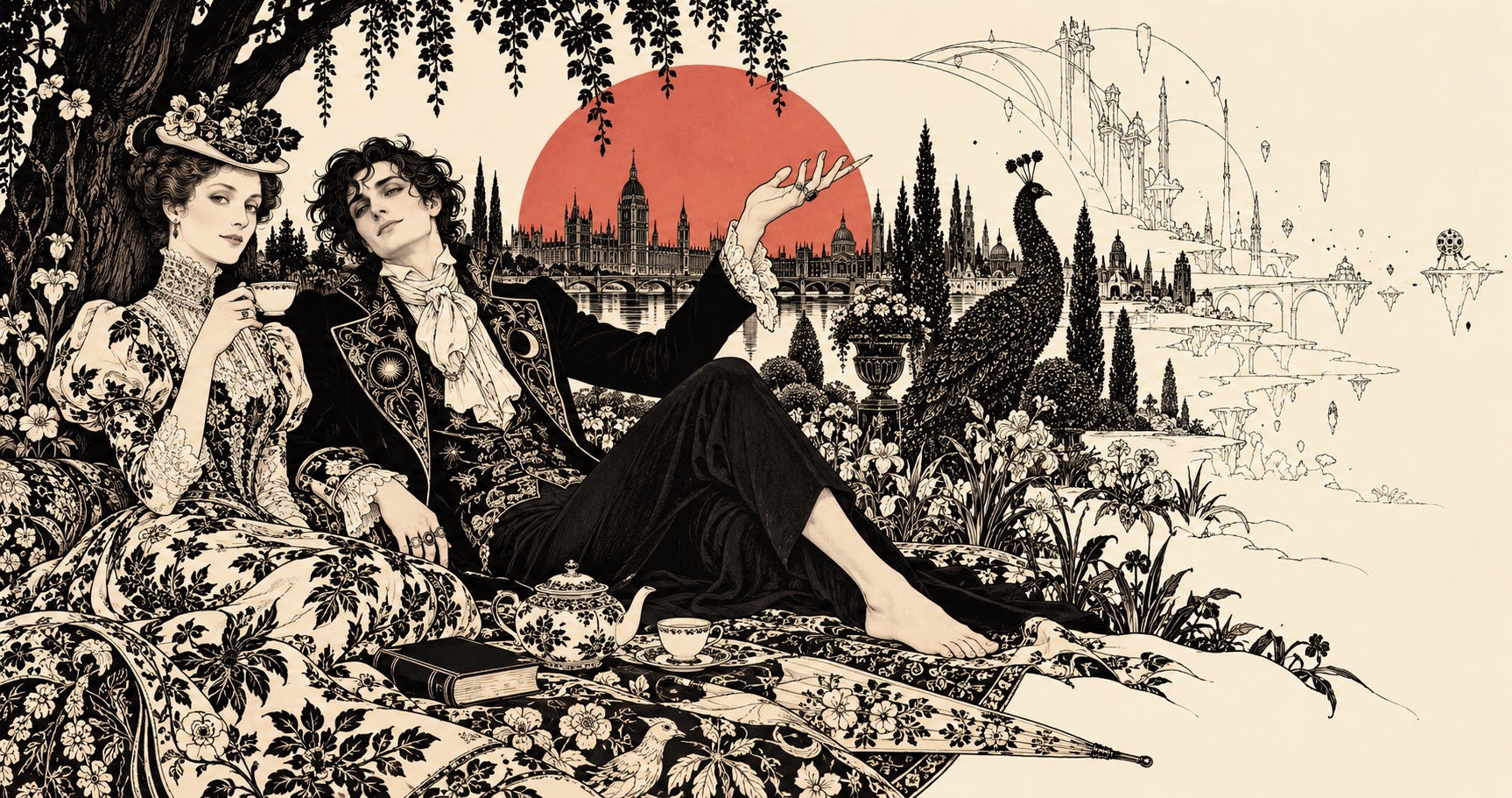A pen-and-ink drawing in the manner of the 1890s: under a tree, a Victorian woman in a high-collared floral dress and flowered hat sits with a teacup, and a barefoot dandy in a frock coat lounges beside her, one ringed hand raised toward a London skyline in front of a huge red sun. A peacock and dense flowers fill the middle; toward the right the towers and bridges thin to outline and then to blank paper. A teapot, a cup, a closed book, and a parasol lie on the patterned blanket.